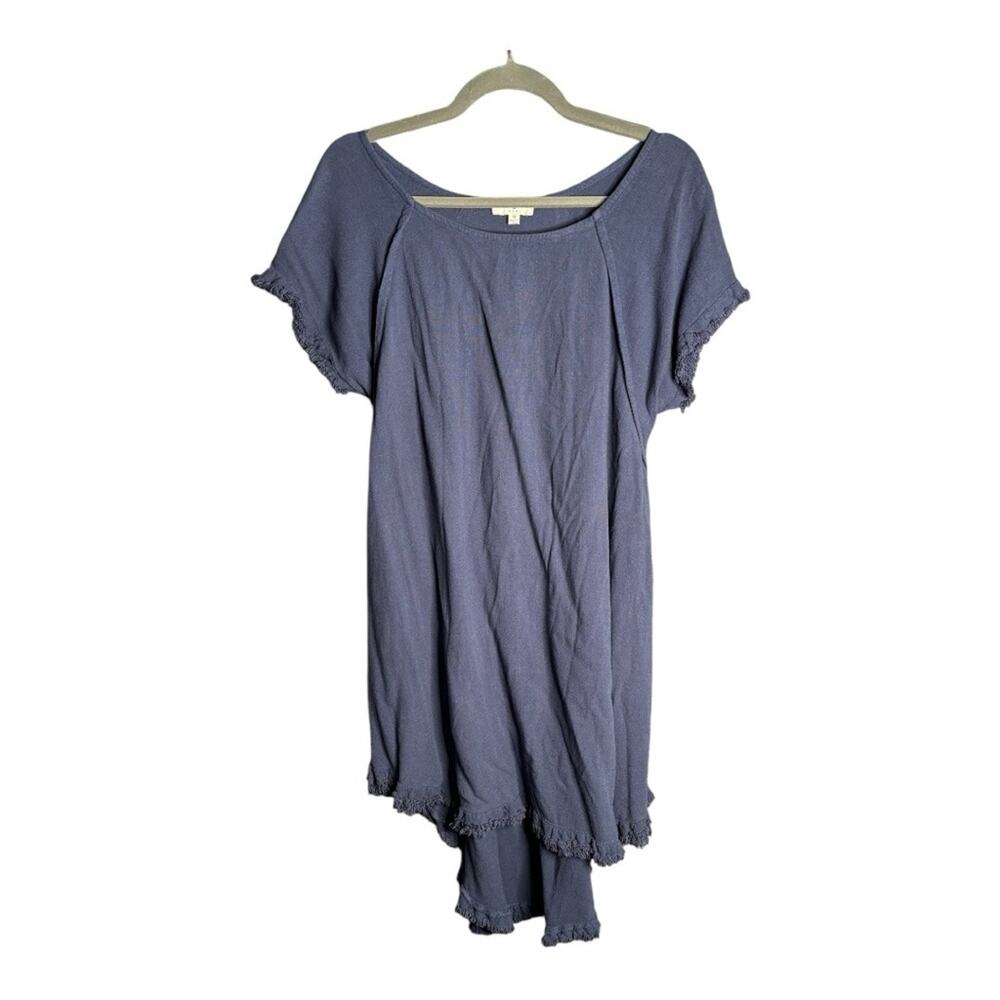 Umgee Blue Short Sleeve Shirt High Low Silhouette Fringe Trim Medium